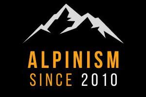 Alpinism since 2010 written in yellow and white on a black backdrop with mountain peaks depicted product logo
