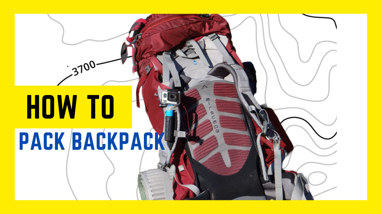 On a topo map, a maroon arcteryx backpack is lying text reads how to pack backpack