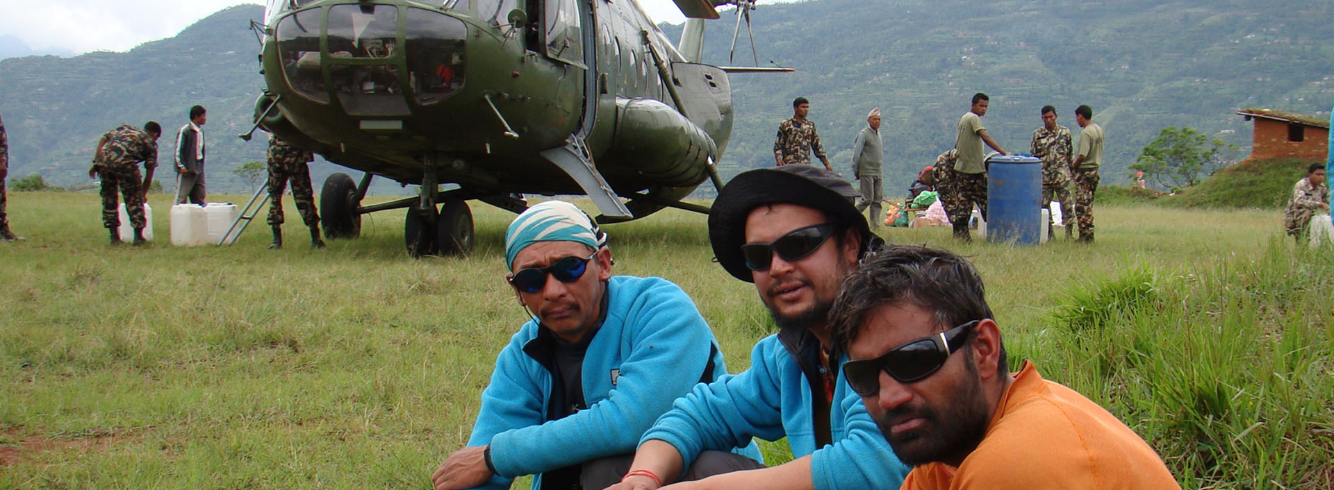 Mountain Rescue team member Pankaj Lagwal, with an army helicopter in the backdrop.