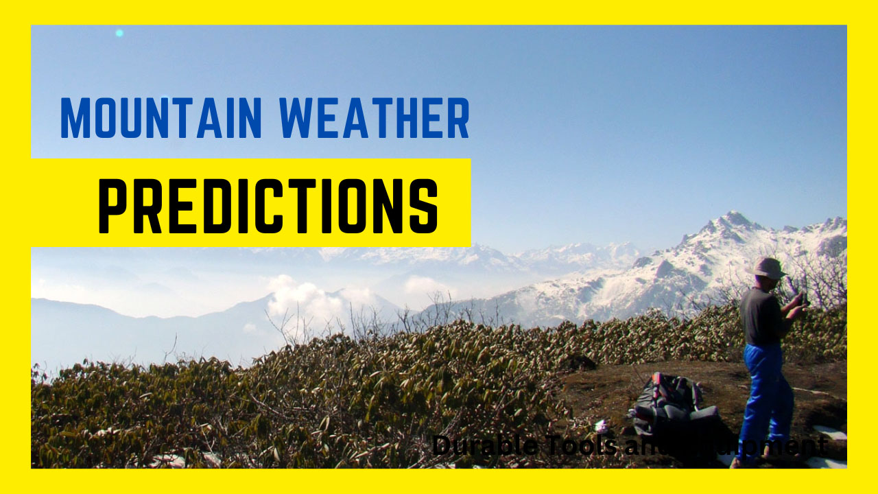 Trainee stands in a snowy meadow with a mountain backdrop, observing wind and temperature to forecast weather poster says Mountain Weather Prediction