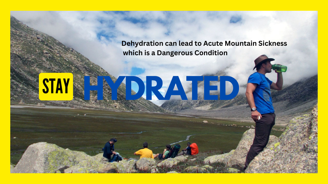 The trainee drinks water to stay hydrated in the mountains as the team rests poster reads Dehydration can lead to Acute Mountain Sickness which is a Dangerous Condition stay hydrated