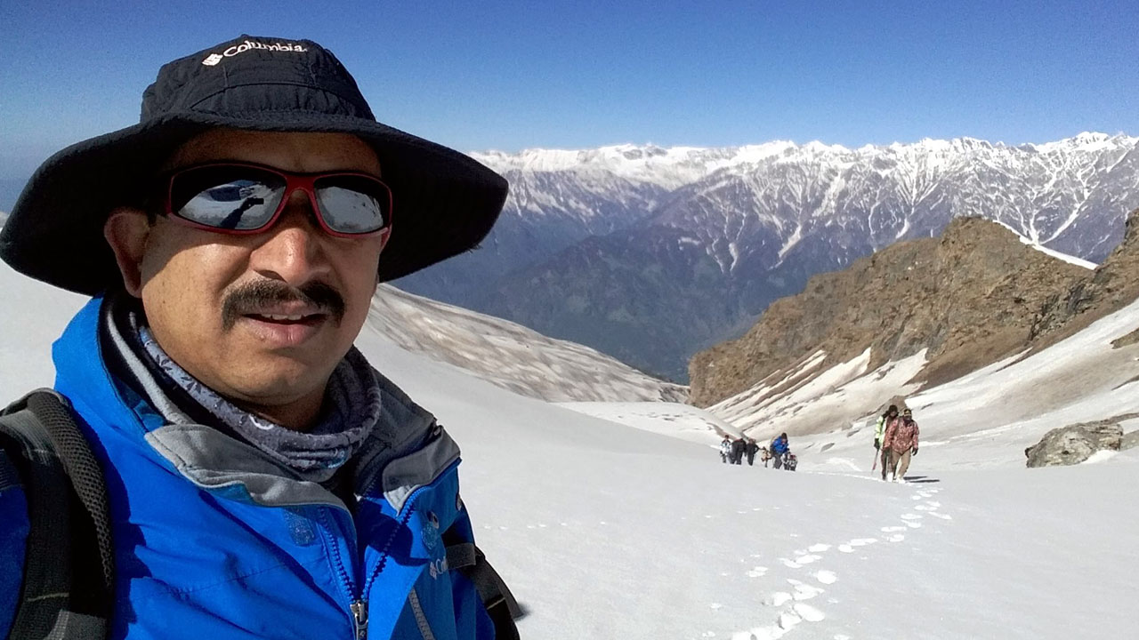 On bhrigu lake trek Surender Mahant, a mountain guide snaps a selfie