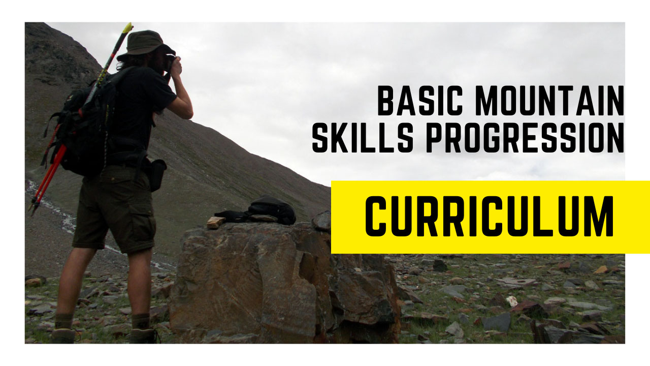 trekking guide with a hat and rucksack on his shoulder focuses on photographing snow-capped peaks during basic mountaineering course thumbnail reads Basic Mountain Skills Progression curriculum