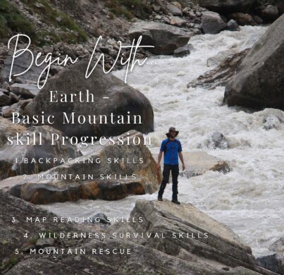 In a poster client standing on a rock on the right side of the Pin River in Pin Valley, Kullu, Himachal Pradesh, wearing a blue t-shirt and black jeans and wearing a sun hat. Poster reads out began with earth basic mountain skills progressions with details