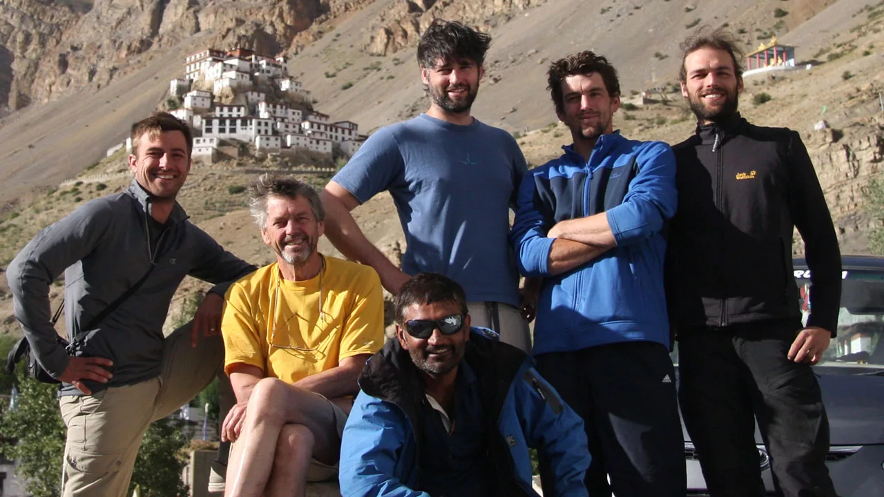 Pankaj Lagwal with his trekking clients in front of Kye Monastery