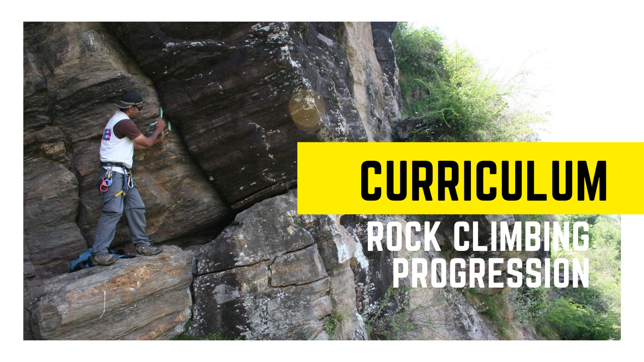 pankaj lagwal establishing a rock anchor and poster reads rock climbing progression curriculum