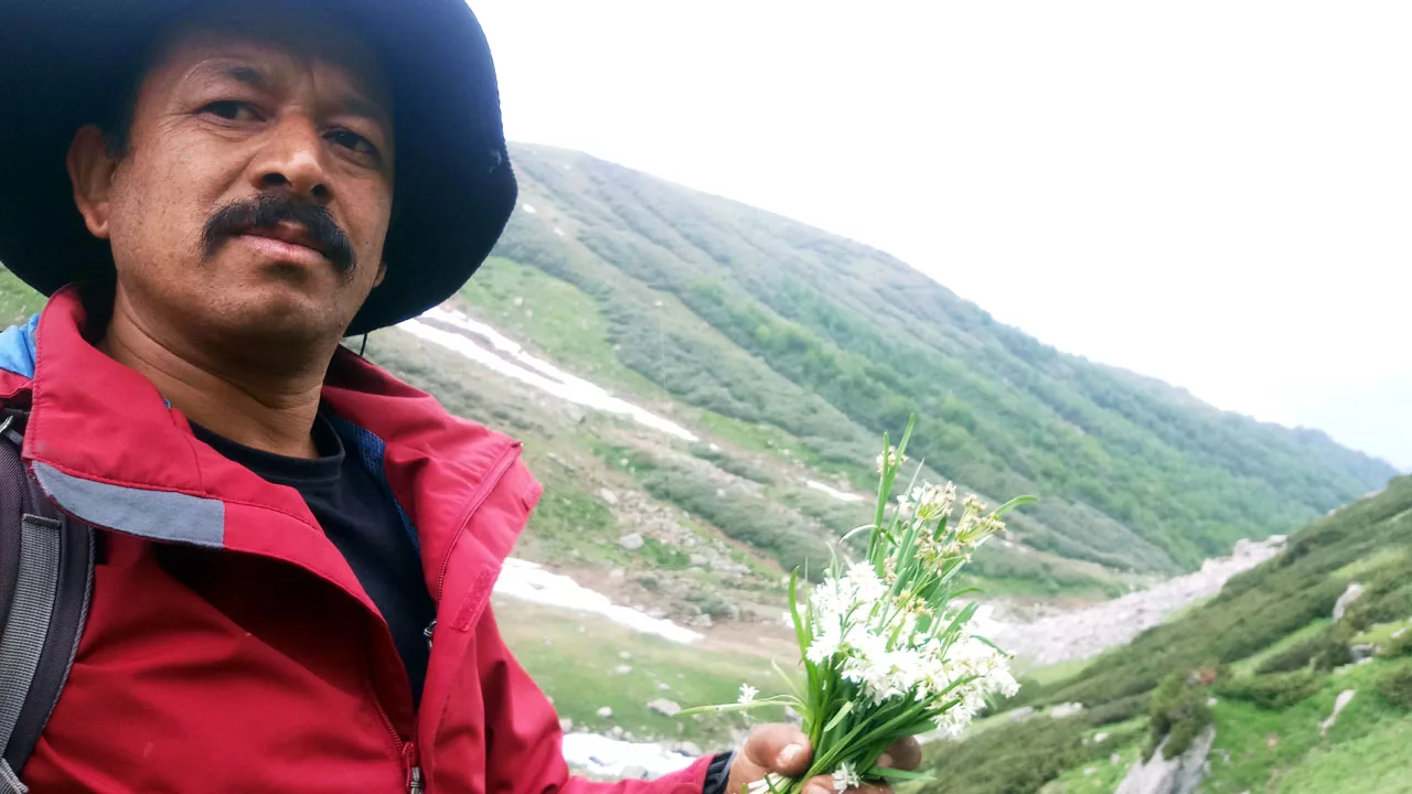 Surender Mahant holding Himalayan Onion while Foraging