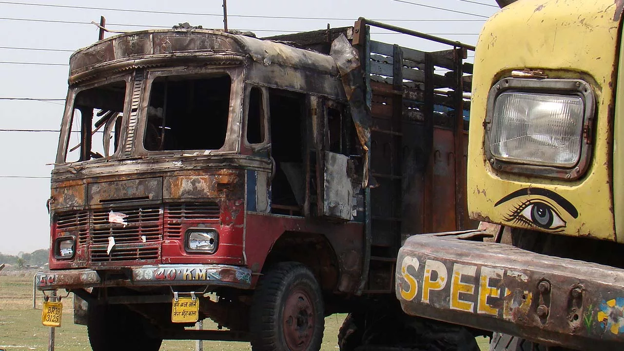 Truck burnt during Riots 