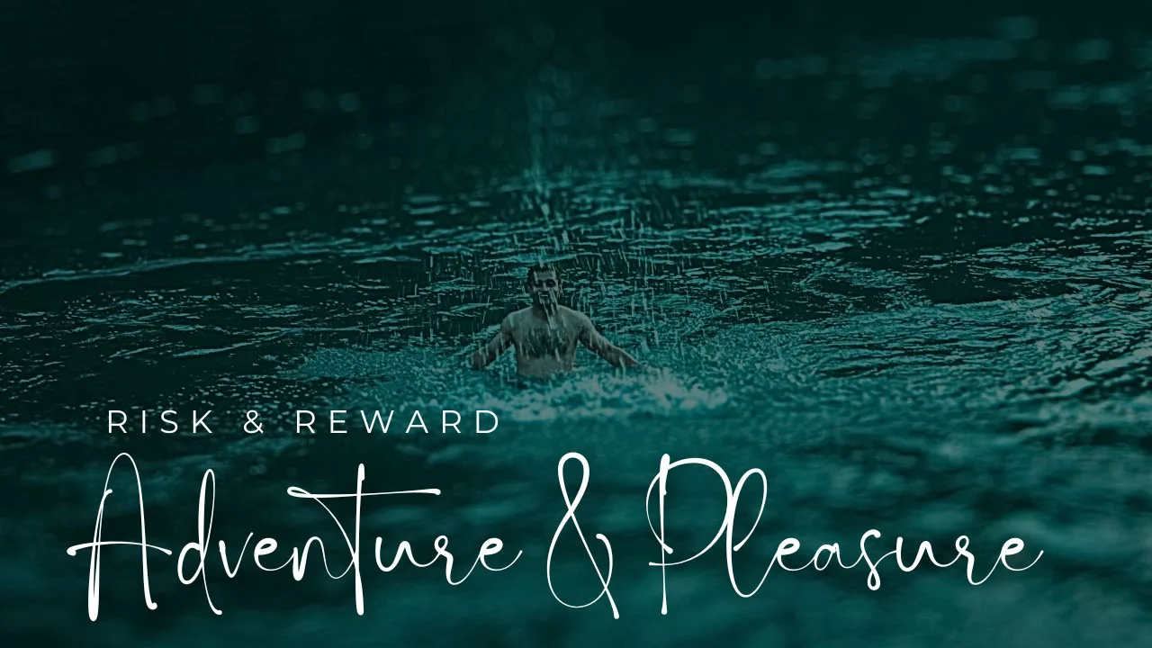 Pankaj Lagwal in middle of river poster reads Adventure & Pleasure risk & Reward