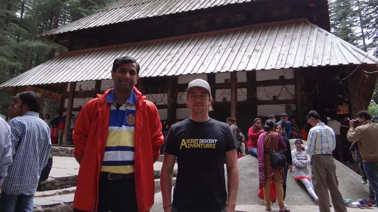 Justin Bower with trekking Client Hidimba Temple Manali 