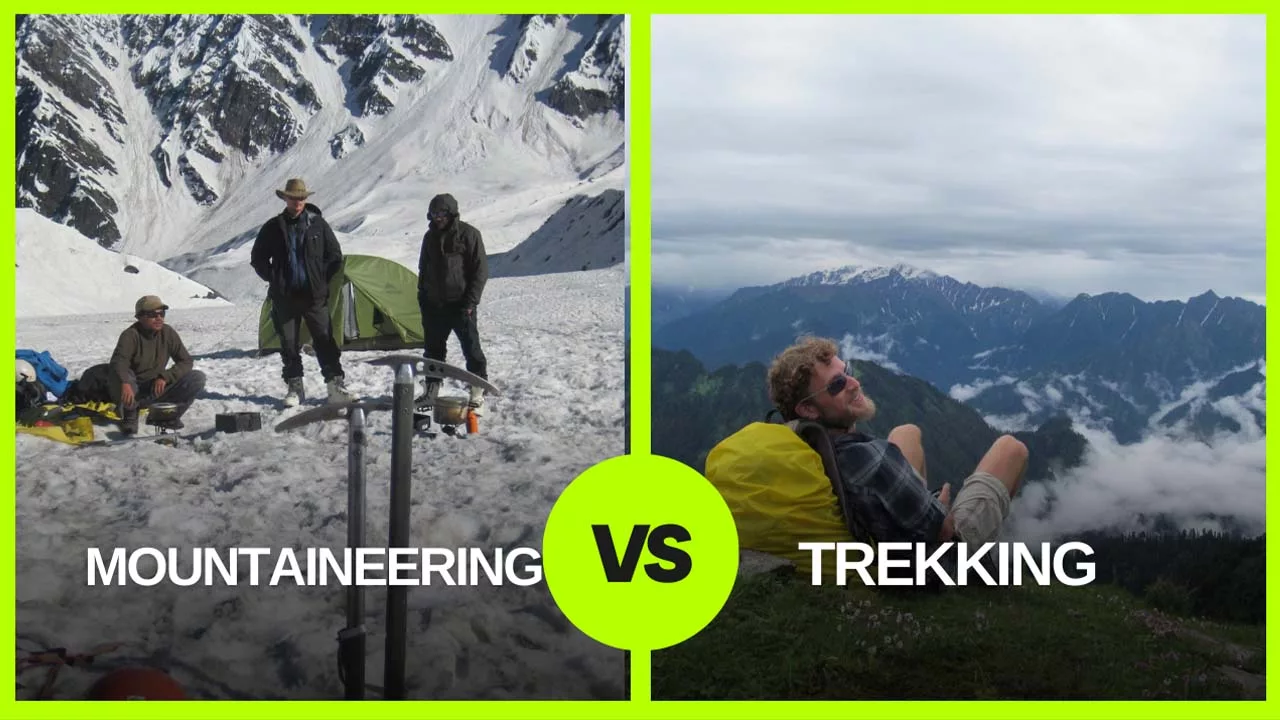 Difference displayed in two photographs for mountaineering vs. trekking
