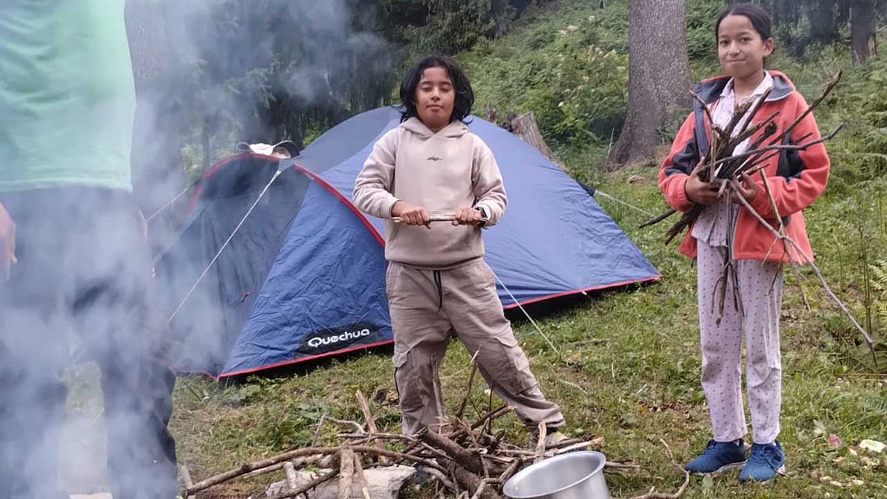 kids collecting dead wood for campfire