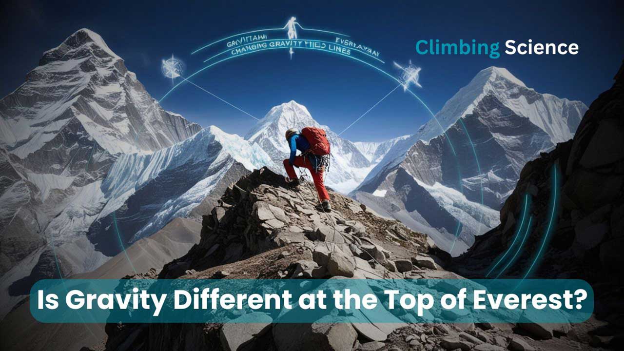 climber climbing mountain Image reads Is Gravity Different at the Top of Everest?