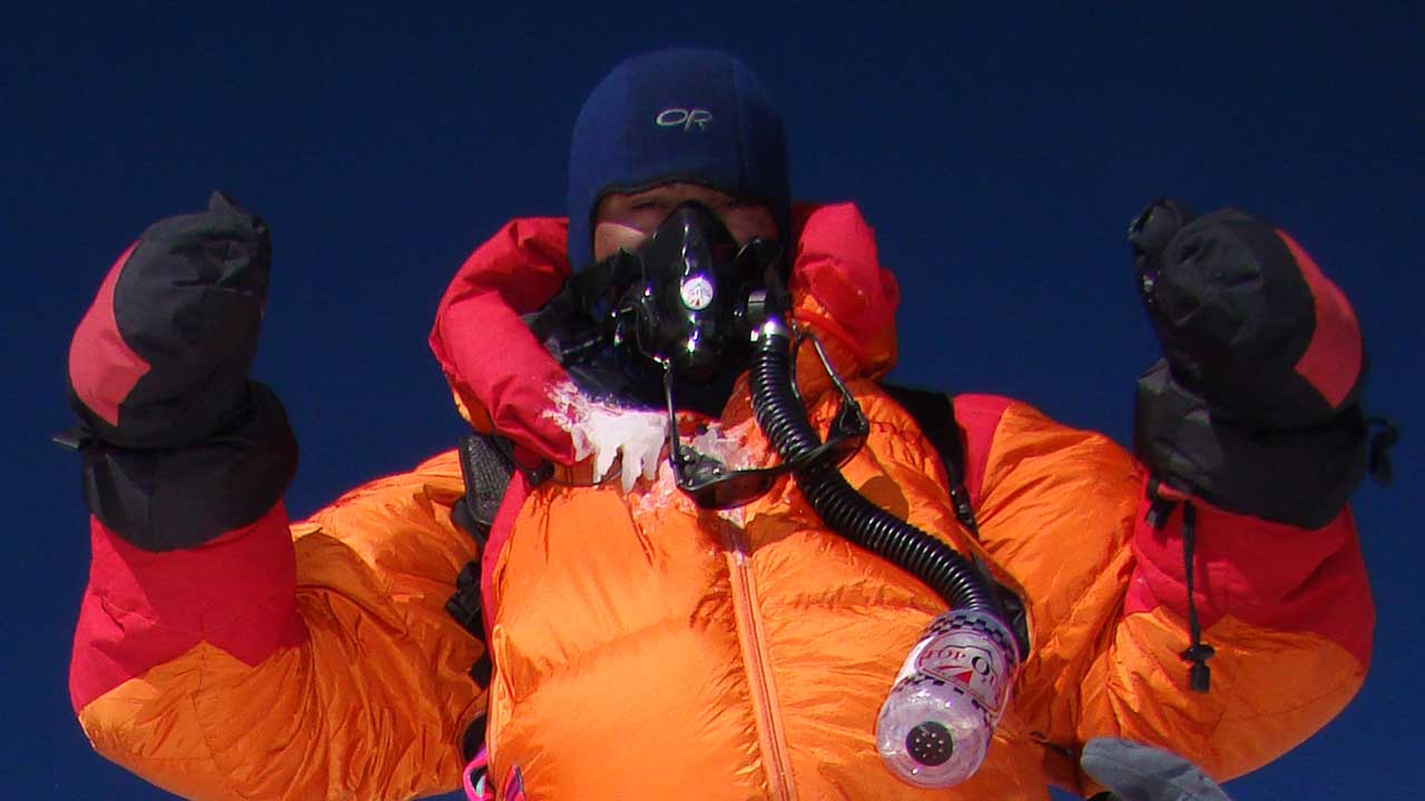 Powel with oxygen mask on Mt. Makalu's summit