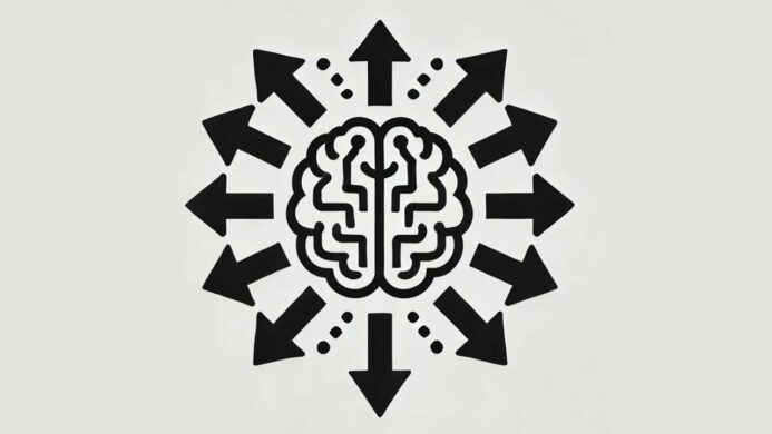 The symbol representing decision-making, with a stylized brain and arrows indicating various choices