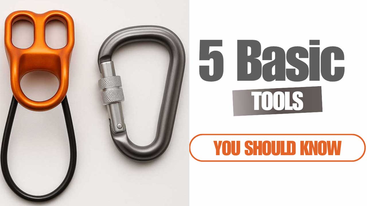 image of carabiners and a tube-style belay device with text reading 5 Basic tools You Should Know