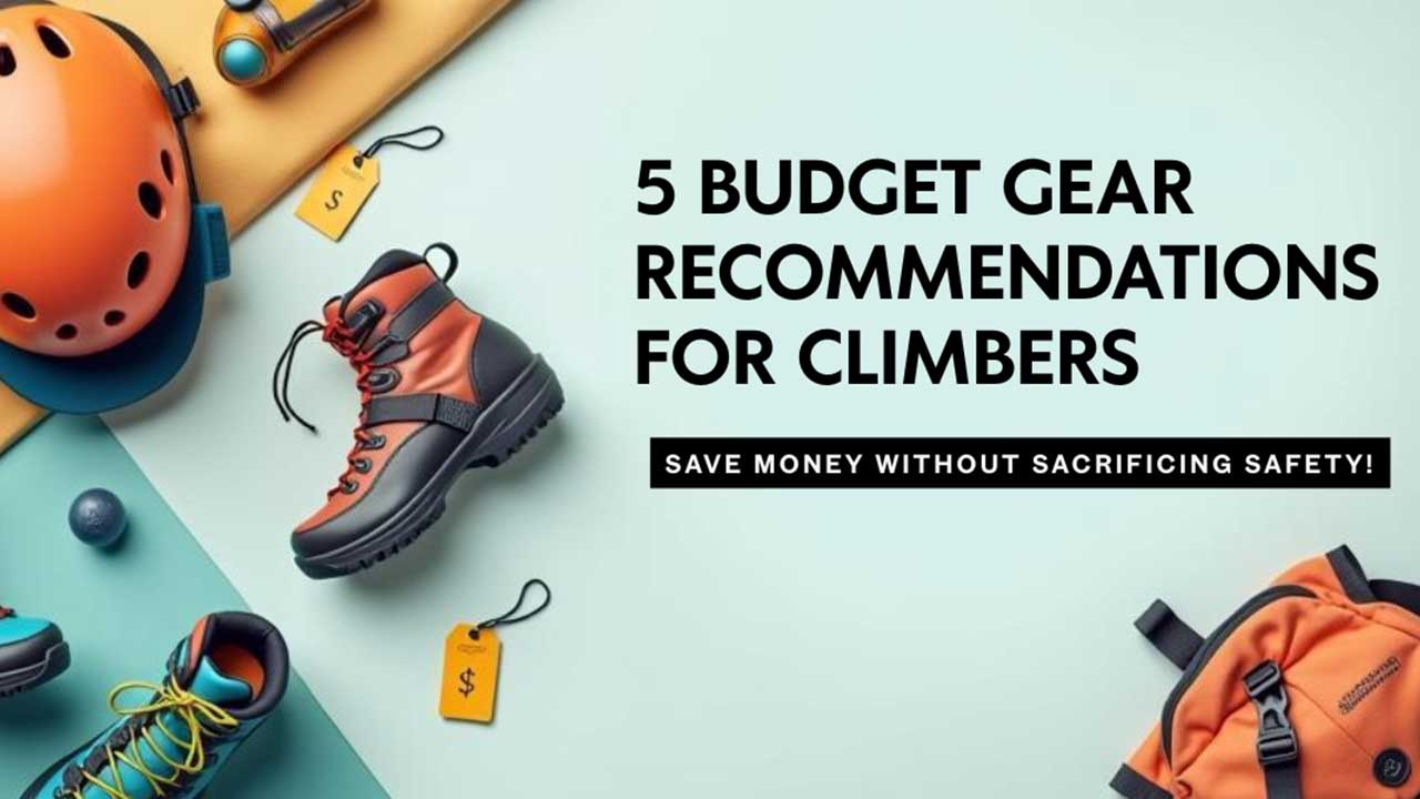 Flat lay image featuring budget-friendly climbing gear, including a bright orange climbing helmet, colorful climbing boots, a water bottle, and an orange backpack with visible price tags. The text reads “5 Budget Gear Recommendations for Climbers – Save Money Without Sacrificing Safety
