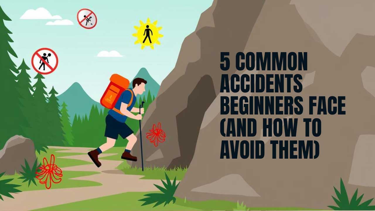Illustration of a hiker navigating a mountain trail with caution signs around, including warnings against rock climbing, wandering off-trail, and hiking under intense sun. The image highlights potential dangers beginners might face while hiking.