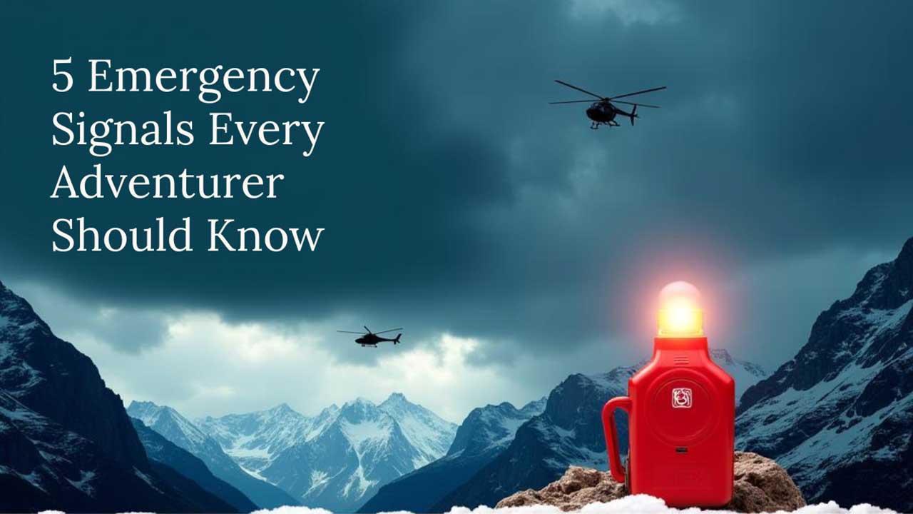 Mountain rescue-themed image showing a red emergency beacon flashing on a snow-covered rock with two helicopters flying in a cloudy sky above snow-capped mountains. Text on the left reads: '5 Emergency Signals Every Adventurer Should Know.