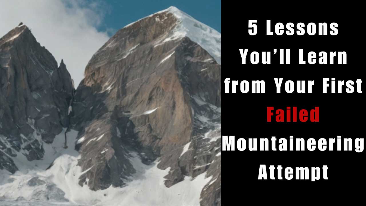 image of Mountain on the left and text reads 5 Lessons from First Failed Mountaineering Attempt on the right. Word Failed is highlighted with red