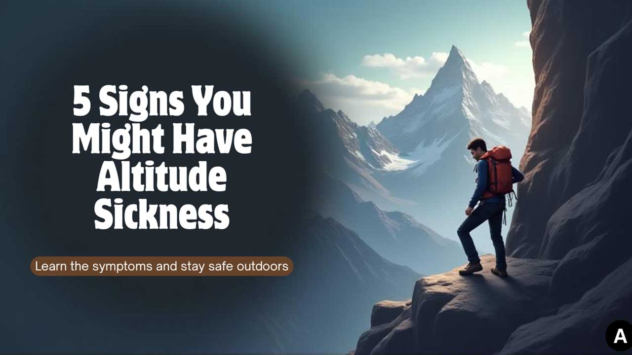 Mountain-themed graphic showing a hiker with a backpack standing on a rocky ledge overlooking snow-covered peaks. Large text on the left reads, '5 Signs You Might Have Altitude Sickness,' with a smaller button below that says, 'Learn the symptoms and stay safe outdoors.