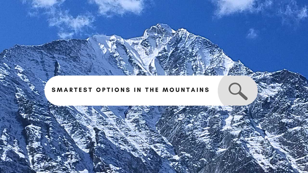 Featured image with Hanuman Tibba mountain in the background and a search engine interface in the foreground displaying the phrase 'Smartest Options in the Mountains'