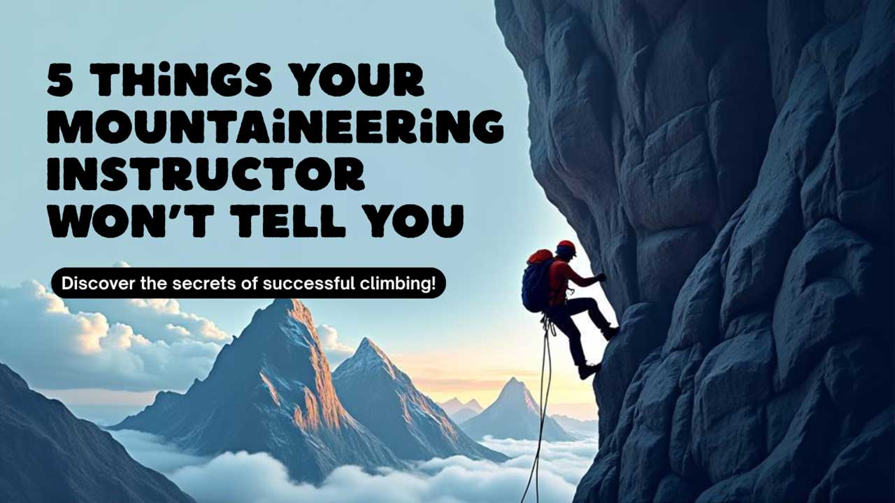 showing a climber scaling a rugged mountain with bold text reading 