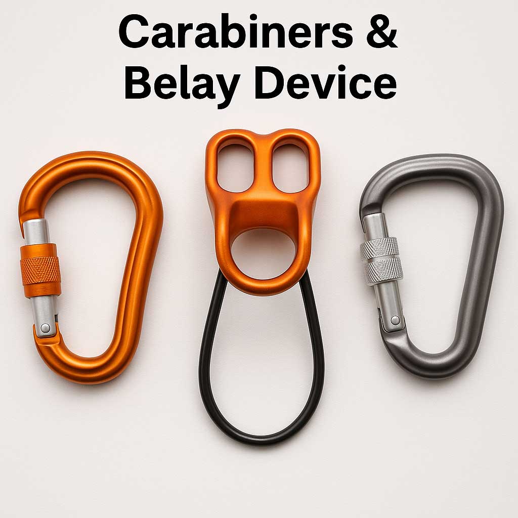 A top-down view of climbing gear on a light background labeled "Carabiners & Belay Device." The image shows two locking carabiners—one orange and one gray—flanking an orange tube-style belay device with a black loop, used for securing climbers during belaying and rappelling.