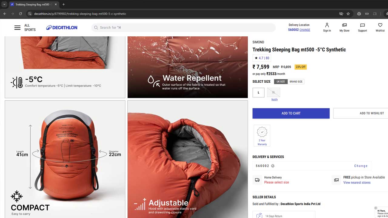 Screenshot of the Decathlon product page for the Simond Trekking Sleeping Bag MT500 (-5°C, synthetic). The page highlights features like water repellency, compact design (41 cm length, 22 cm diameter), adjustable hood, and temperature comfort rating of -5°C. The price is ₹7,599 after a 23% discount, with one size option (L) currently available.