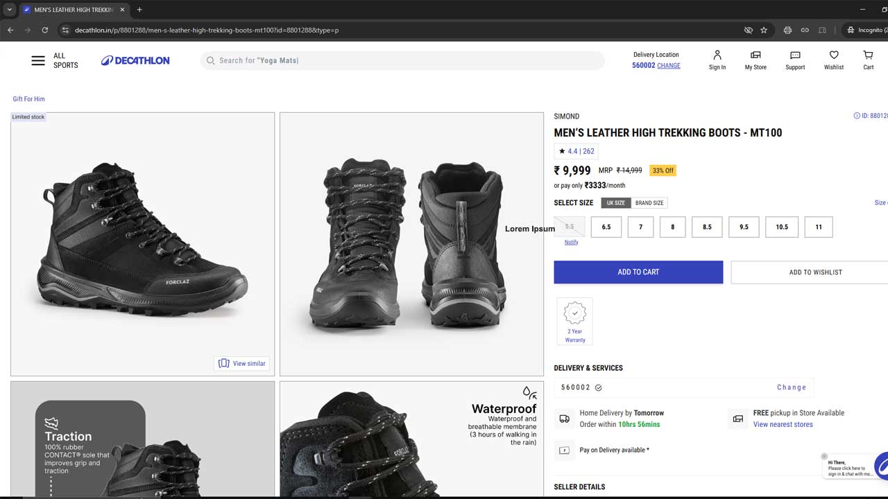 Screenshot of a product page on Decathlon’s website displaying "Men's Leather High Trekking Boots - MT100" by Simond. The boots are black with high ankle support, showcased from side, front, and back views. Key features include traction and waterproofing