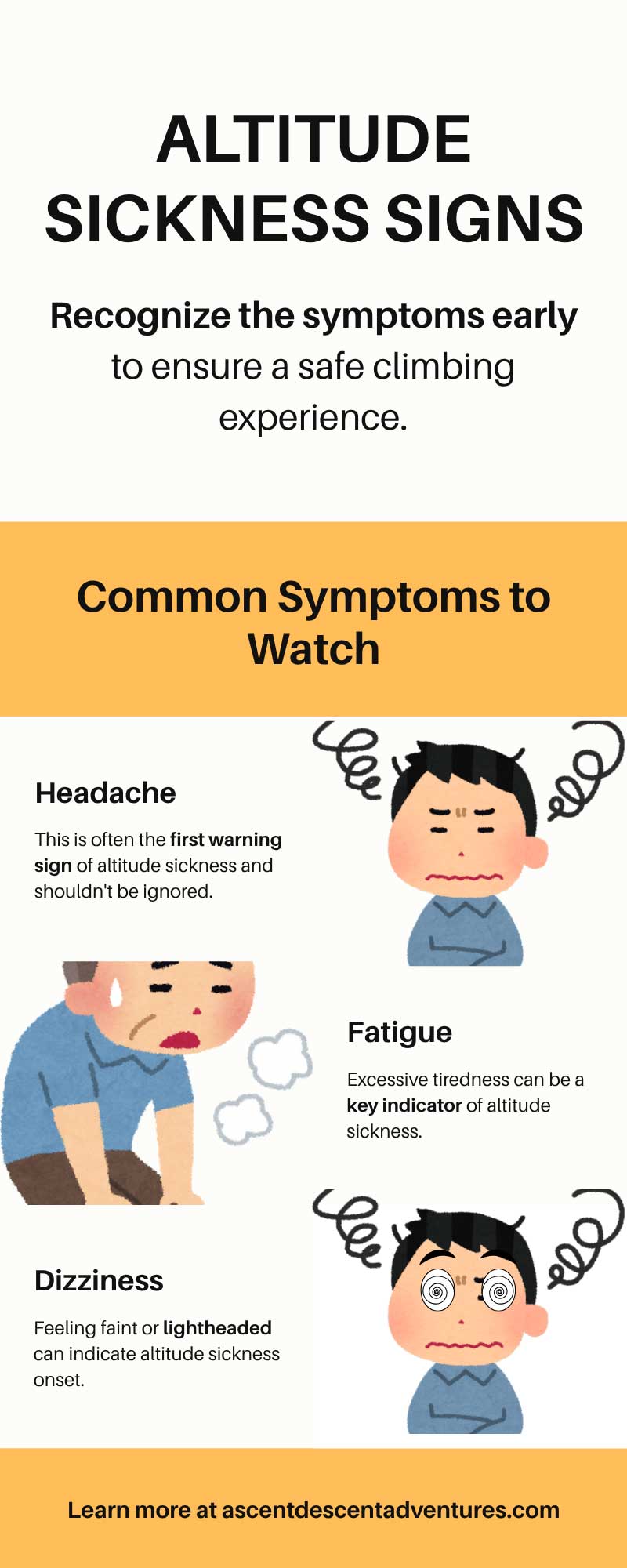 Infographic titled 'Altitude Sickness Signs' encouraging early recognition for a safe climbing experience. It lists common symptoms to watch: Headache, described as the first warning sign; Fatigue, indicating excessive tiredness; and Dizziness, described as feeling faint or lightheaded. Illustrated cartoon characters accompany each symptom. The bottom of the graphic features the website ascentdescentadventures.com for more information.
